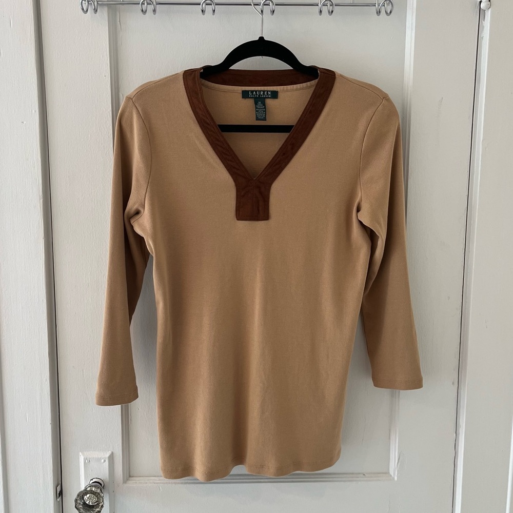 Lauren by Ralph Lauren Long Sleeve Top, Tan with Brown Suede Collar